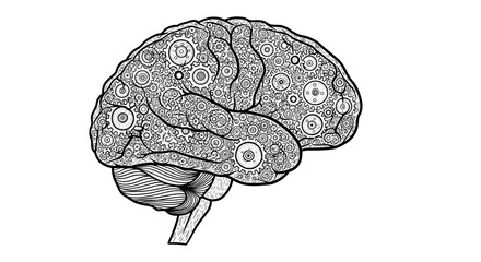 intricate line drawing of human brain with geometric patterns and symmetrical s