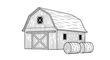 Minimalist black and white line drawing of a rustic barn with hay bales