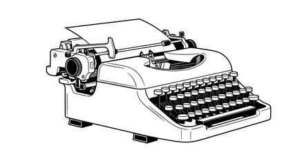 Vintage typewriter side view with paper roll and mechanical keys