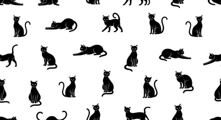 Seamless pattern of black cats in various poses on white