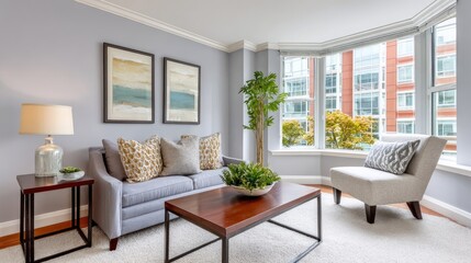 Fototapeta premium Cozy Living Room with Modern Decor Featuring Bright Windows, Stylish Furniture, and Serene Color Palette in Contemporary Urban Setting