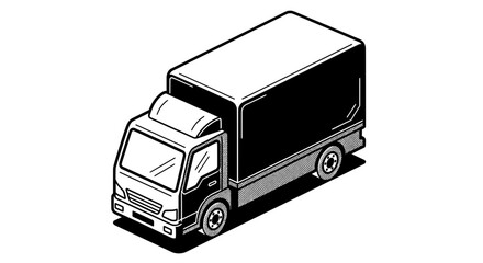 Side view black and white line drawing of a flatbed delivery truck