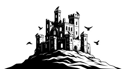 Medieval stone castle perched on rocky mountain cliff with flying birds