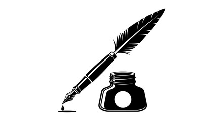 A vintage quill pen and inkwell on a plain white