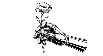 Minimalist black and white line drawing of a hand holding a single flower
