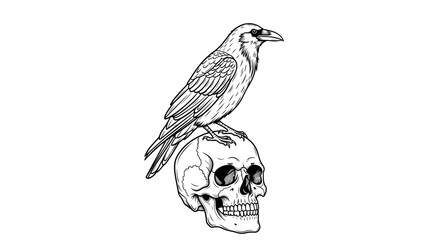 Minimalist crow perched on tilted skull in black and white line drawing
