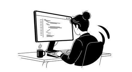 Professional woman coding at office desk with coffee mug and computer monitor