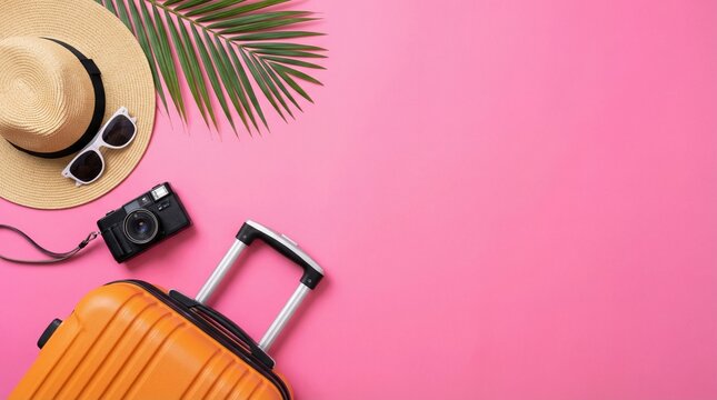 Flat Lay of Travel Essentials on Pink Background
