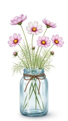 Fototapeta premium Watercolor illustration of delicate pink cosmos flowers in a clear glass mason jar.
