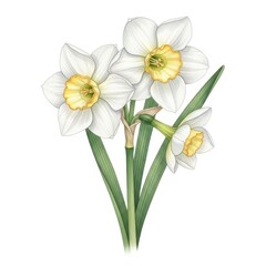 Watercolor Illustration of White Daffodils with Yellow Centers.