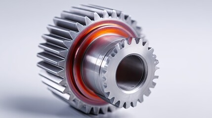 Naklejka premium Close-Up View of a Metallic Gear Component with Precision Machining and Smooth Finish Ideal for Industrial Applications and Mechanic Design Purposes