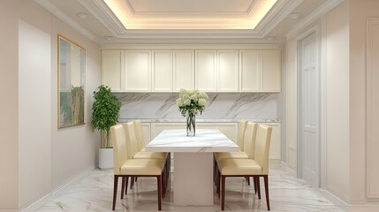 Fototapeta premium Elegant and Modern Dining Room Interior Design Featuring a Marble Table, Soft Lighting, and Minimalistic Decor for a Spacious Ambiance