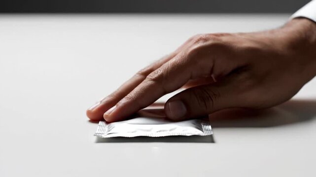 Closeup of Hands Handling Condom Foil Pouch Packaging in Video Sequence.