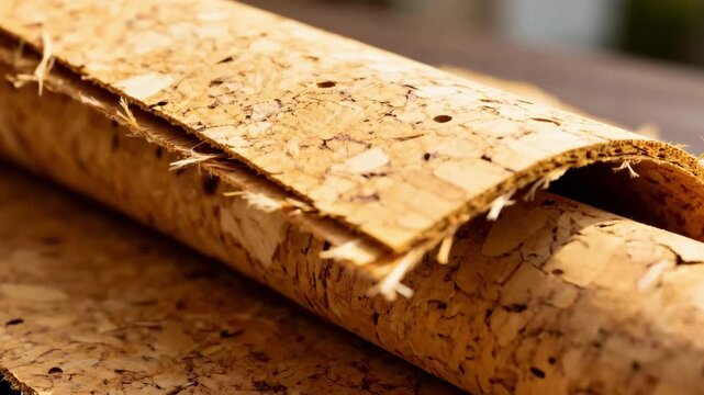 Closeup medium shot showing the texture and flexibility of cork insulation sheets emphasizing natural thermal protection with renewable resources.