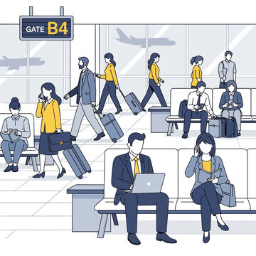 Airport waiting area with passengers, gate B4, and airplane silhouette