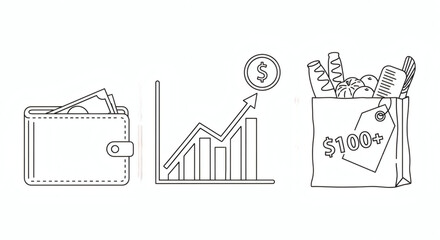 Financial Growth Icons: Wallet, Graph, and Shopping Bag