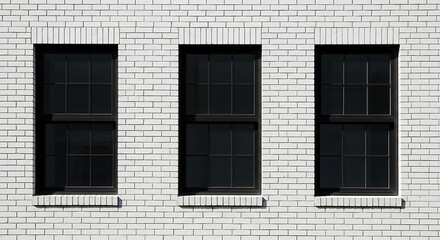 Obraz premium Minimalist architecture featuring three sleek black metal framed window panes installed in a pristine textured white brick wall facade creating a modern industrial urban aesthetic design.
