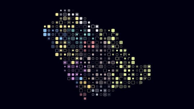 Saudi Arabia animated country shape. Pulsating colored dots on the map of the country. Large size rounded square blocks. Digital style Saudi Arabia map on dark background. Trending animation video.