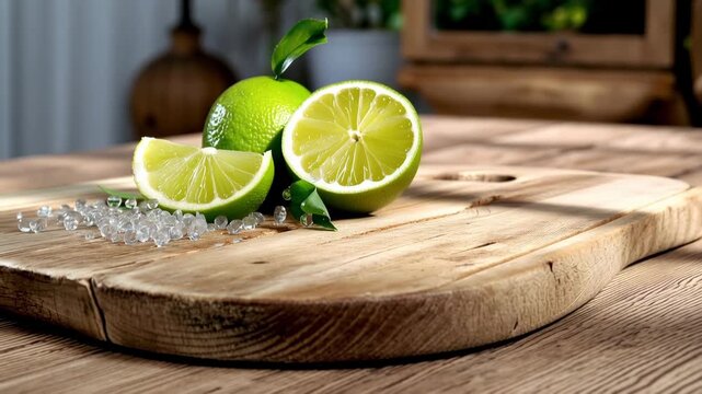 Fresh limes cut into halves placed on a wooden table near a window with green leaves outside