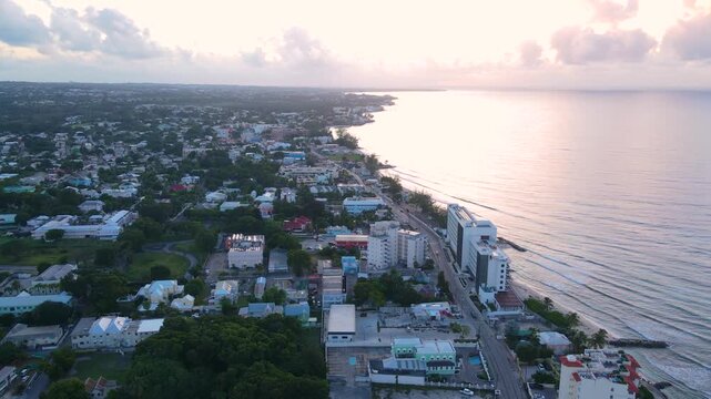 Hastings Beach aerial view with sunrise at Hastings Rocks Park at South Coast in village of Hastings, Christ Church, Barbados. 