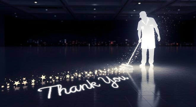 A glowing figure on a dark stage with thank you message