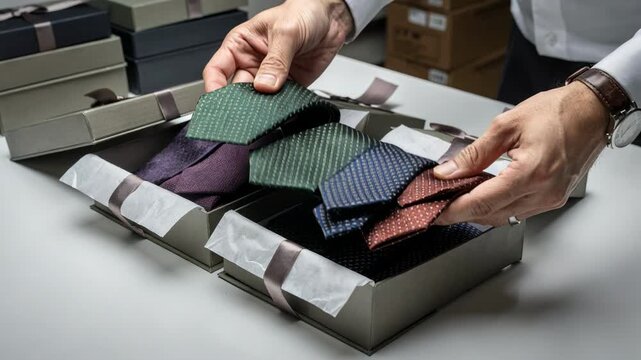 Medium shot of hands carefully placing ties into elegant gift boxes highlighting meticulous packaging for premium retail presentation and secure shipping.