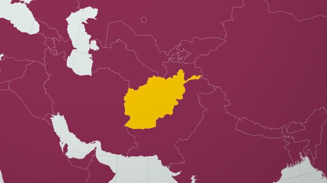 Afghanistan map. Animated zoom into the country on the Globe in Pale Mint Dark Pink color palette. Country logo animation with round text and airplanes. Map with meridians, parallels. Creative video.