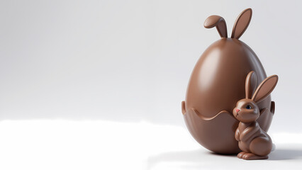 a chocolate bunny standing next to a large chocolate egg with bunny ears on top, white background, bunny has small pink nose and black eyes, egg has a wavy line design.