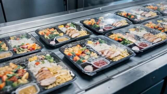 Medium shot of conveyor belt plating singleserve readytoeat chilled meals showcasing precise arrangement of multicomponent food in compact containers.