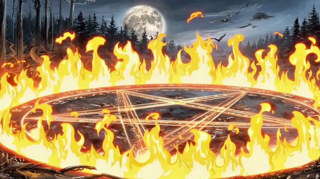 Fire surrounds a pentagram in a dark forest under a full moon during the night hours