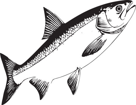 Whitefish fish Hand-drawn Sketch Drawing Vector Illustration, Line Linear Symbol Engraving for Coloring Book, Black and White, Isolated