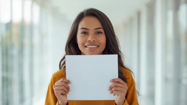 Smiling woman holding blank white sign bright corridor, cheerful expression and confident casual