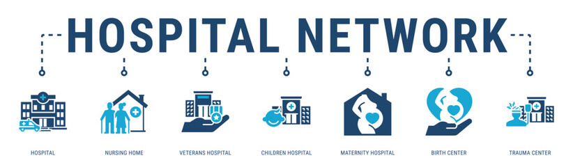 Hospital Network web banner icon vector illustration with Hospital, Nursing Home, Veterans Hospital, Children Hospital, Maternity Hospital, Birth Center and Trauma Center