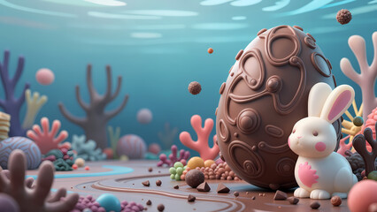 Fototapeta premium underwater scene, white bunny with pink cheeks and heart-shaped spot, standing beside large brown ornate sphere, colorful coral reefs, sea anemones, and small floating orbs.