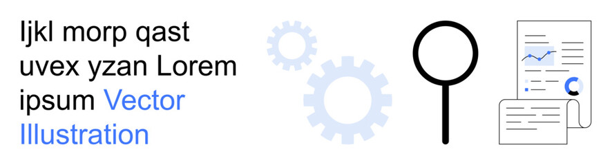 Data analysis, process management, information search, technology development, business solutions, documentation tools. Magnifying glass, gears and documents in focus. Data analysis and process © robu_s