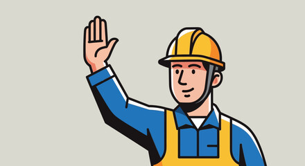 Construction Worker Illustration in Safety Vest and Hard Hat with Stop Gesture