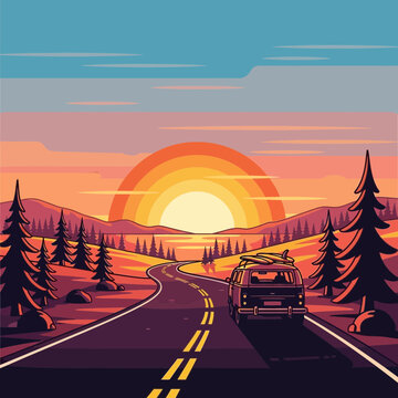 Pixel art van with surfboards on road trip at sunset, vintage style