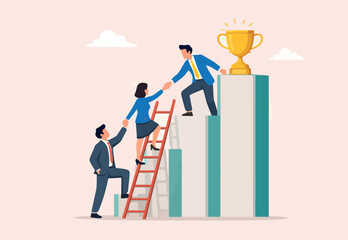 Fototapeta premium Partnership help success, support or mentor to assist to achieve goal and win together, teamwork, trust or leadership concept, businessman help colleagues to climb ladder step on winning trophy