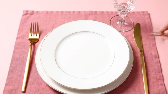 An empty white plate and silverware cutlery set with a fork and knife on a clean restaurant table for a dinner meal setting