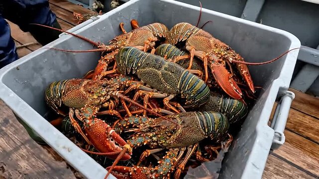 
Fresh red lobster and gourmet seafood displayed in lobster pots at a market alongside live crustaceans and shellfish for a delicious dinner