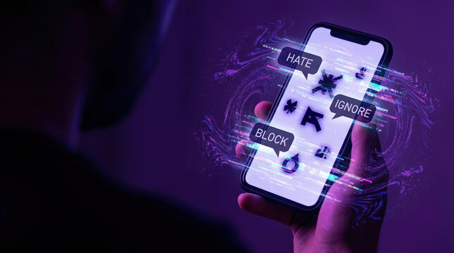 cyberbullying hate speech social media harassment online abuse block toxic environment concept showing a hand holding a smartphone with glitch effects and negative comments.