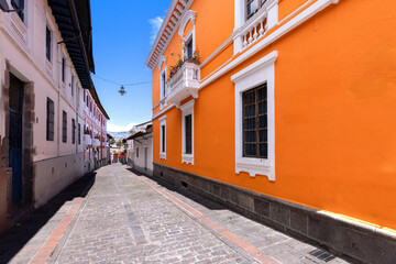 Obraz premium Old Town in Quito, Ecuador. Colonial colorful scenic historic city center streets.