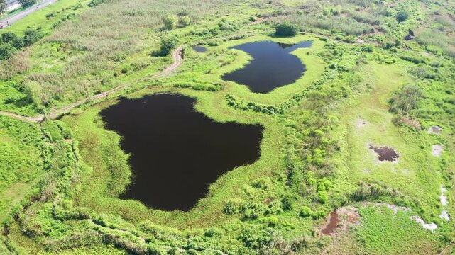 Aerial View of Peat Bogs and Lakes in Moorland