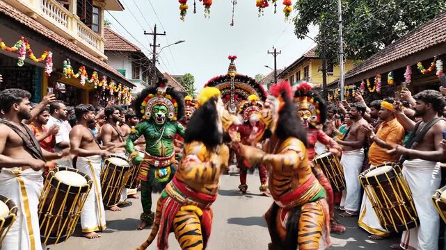Vibrant festival dancers perform traditional parade with drums and masks.