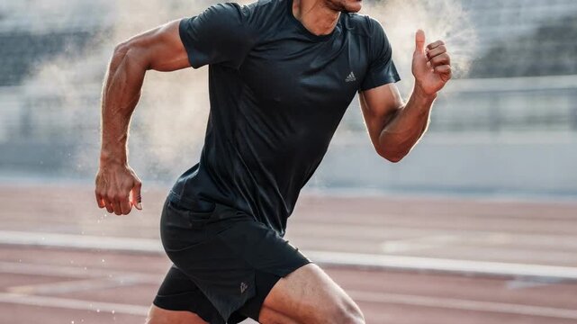 Medium shot of a runner wearing hydrophilic technical sportswear absorbing sweat efficiently during intense exercise highlighting advanced moisture management and comfort.