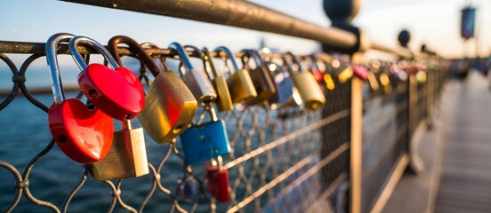 Close-up of Love Locks on a Bridge railing at sunset with the ocean in the background