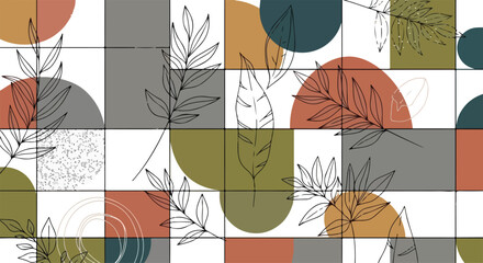 Geometric pattern of overlapping squares and circles in a muted color palette with leaf illustrations on a white background.