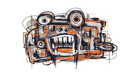 Digital illustration of an abstract vehicle with orange, black, and white lines on a white background in a graphic style.