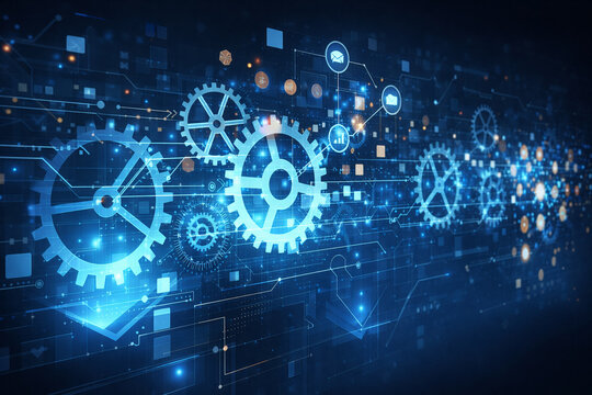 AI generated digital automation system with connected gears data flow analytics and intelligent technology powering scalable enterprise infrastructure