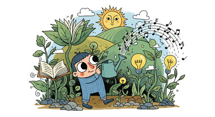 A cartoon boy waters plants with a green watering can in a lush garden with a sunny sky and musical notes floating by.